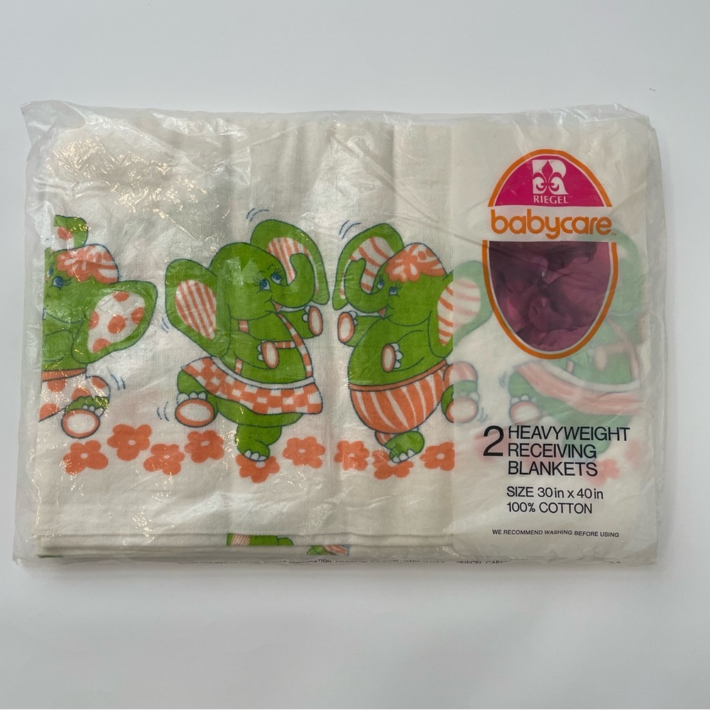 Vintage New 2 Babycare Riegel Receiving Swaddling Blankets Green Elephant Flower